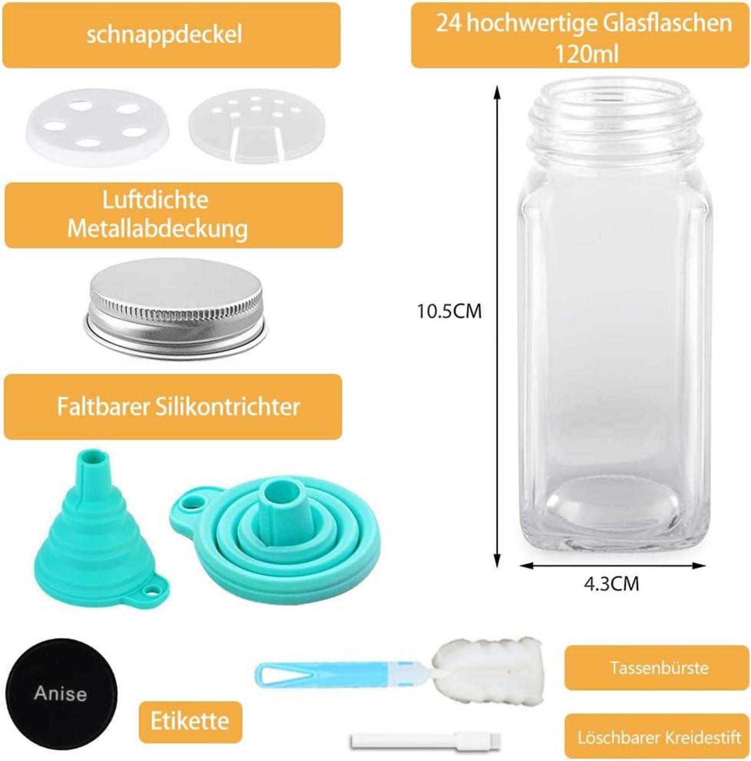 24 transparente Gewürzgläser luftdicht 120 ml - quadratisch