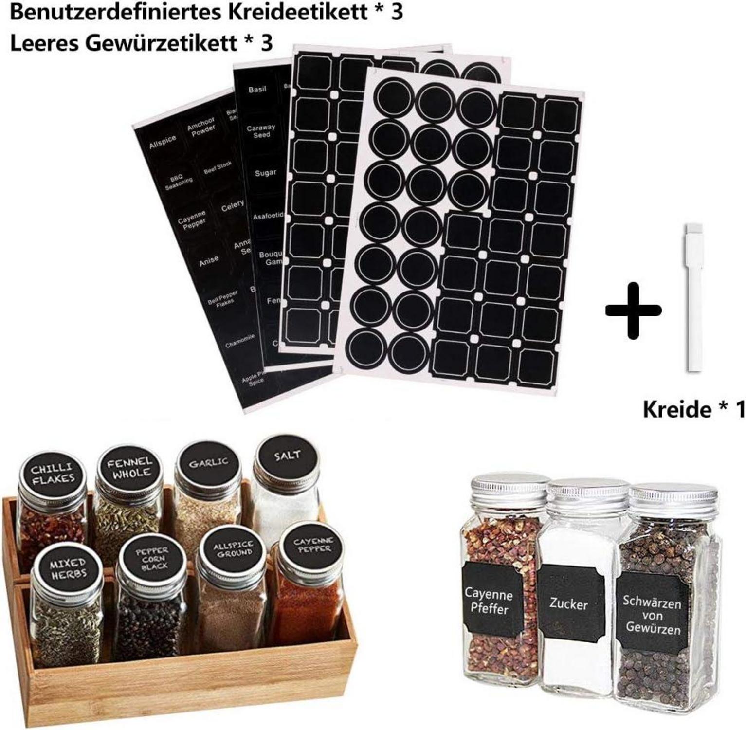 24 quadratische Gewürzgläser 120ml luftdichter Deckel Tafel Etikett Trichter