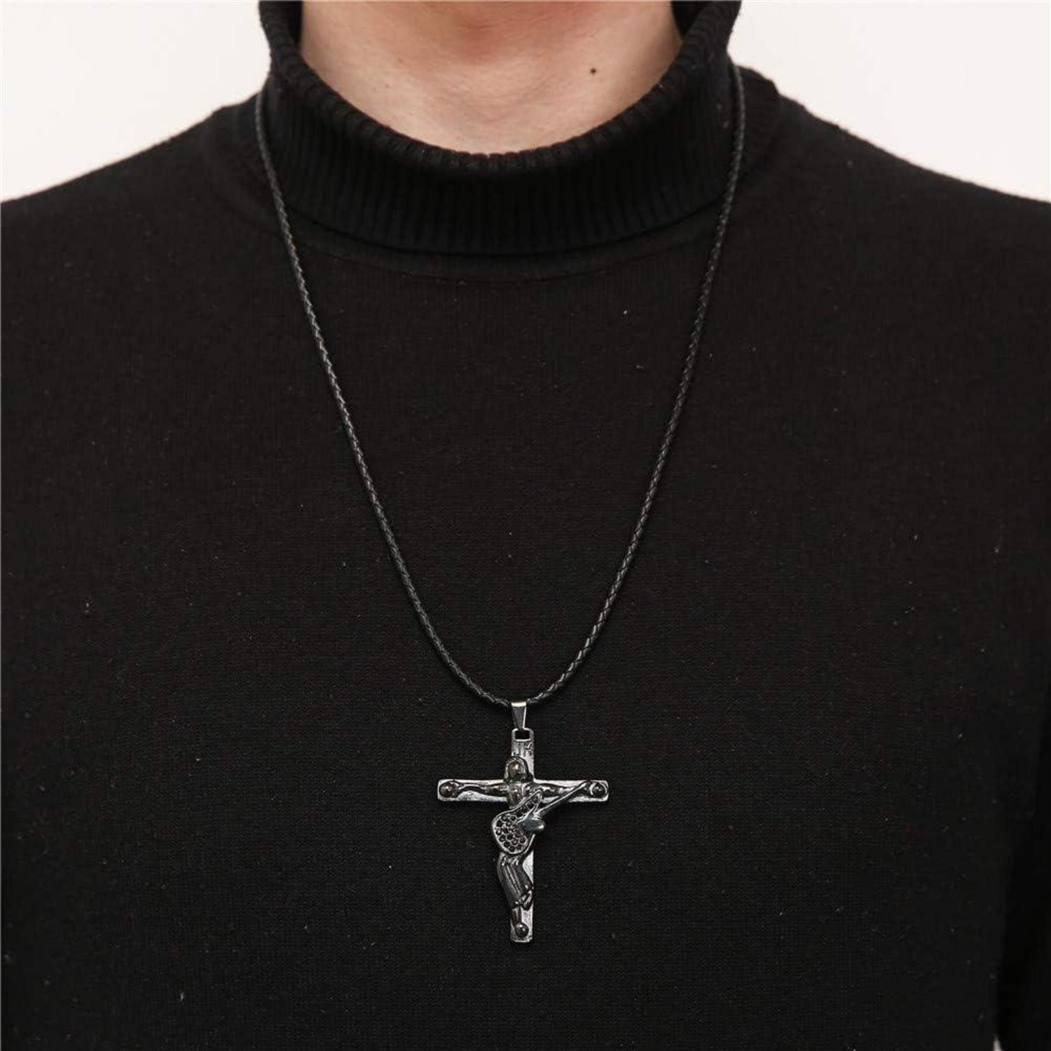 Johnny Hallyday Kreuzkette Silber/Gold/Schwarz Edelstahl Gitarrenanhänger