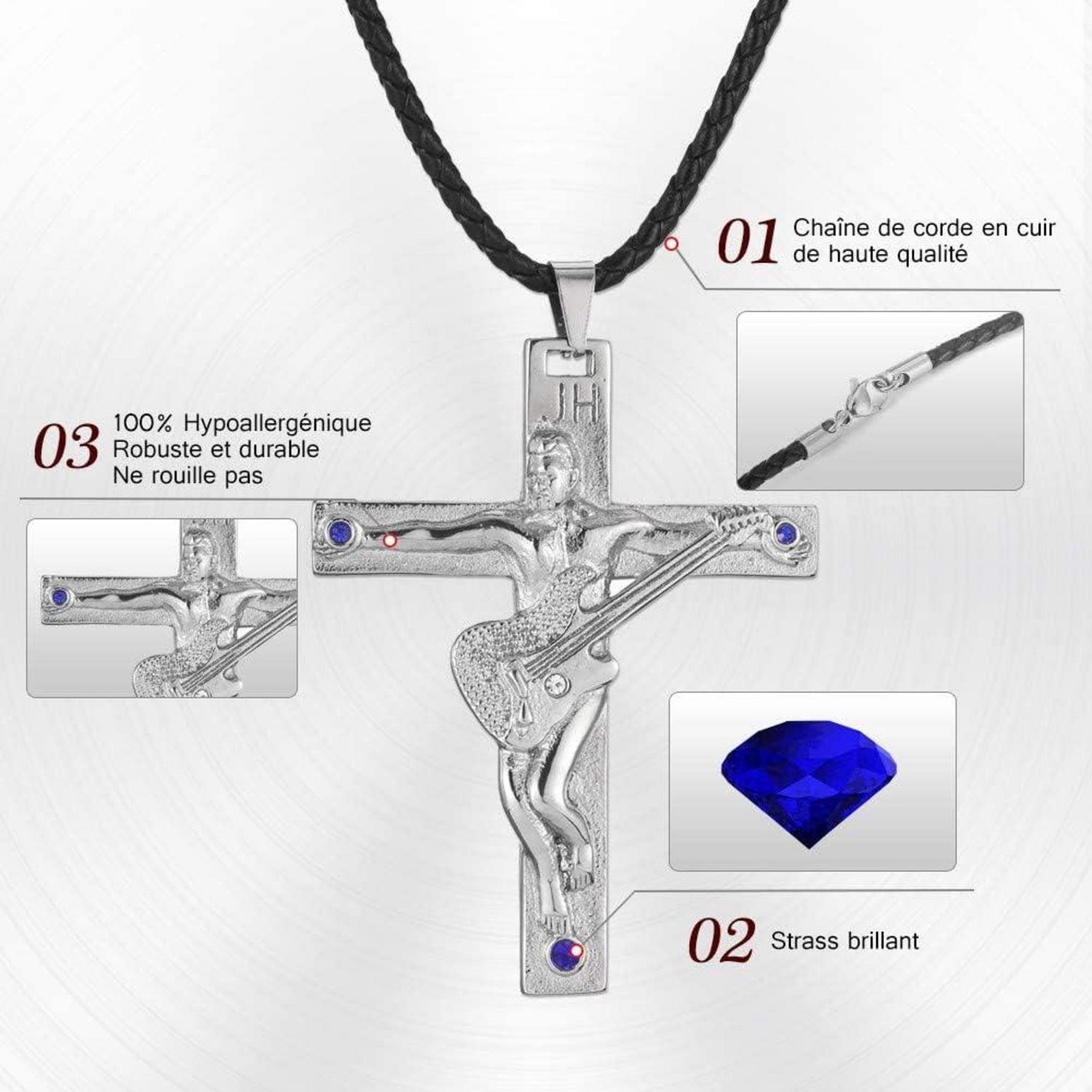 Johnny Hallyday Kreuz Halskette in Silber Edelstahl für Damen und Herren - Fan Andenken - JH Signature Designs Silber