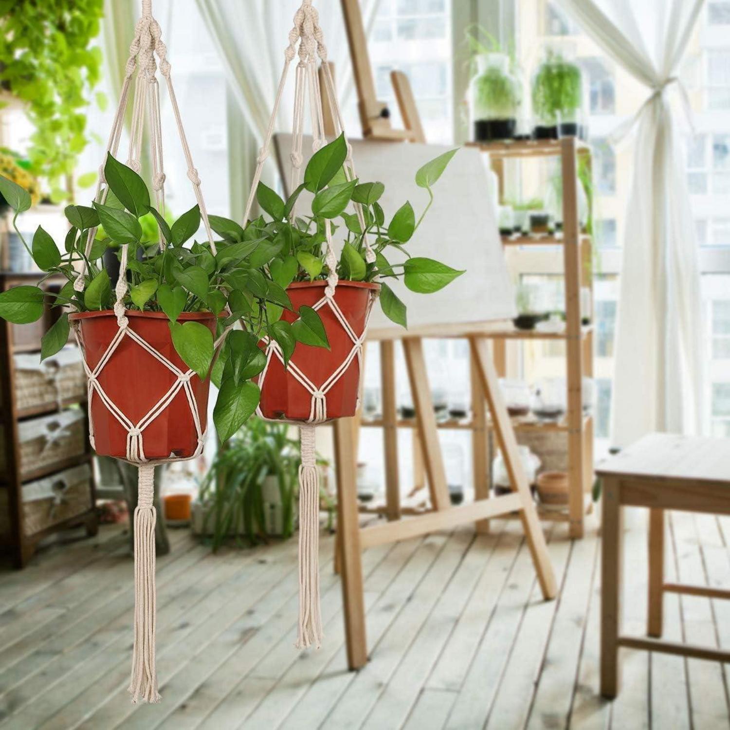 4er Set Makramee Blumenampel Baumwollseil Hängeampel für Pflanzen Innen Außen deco