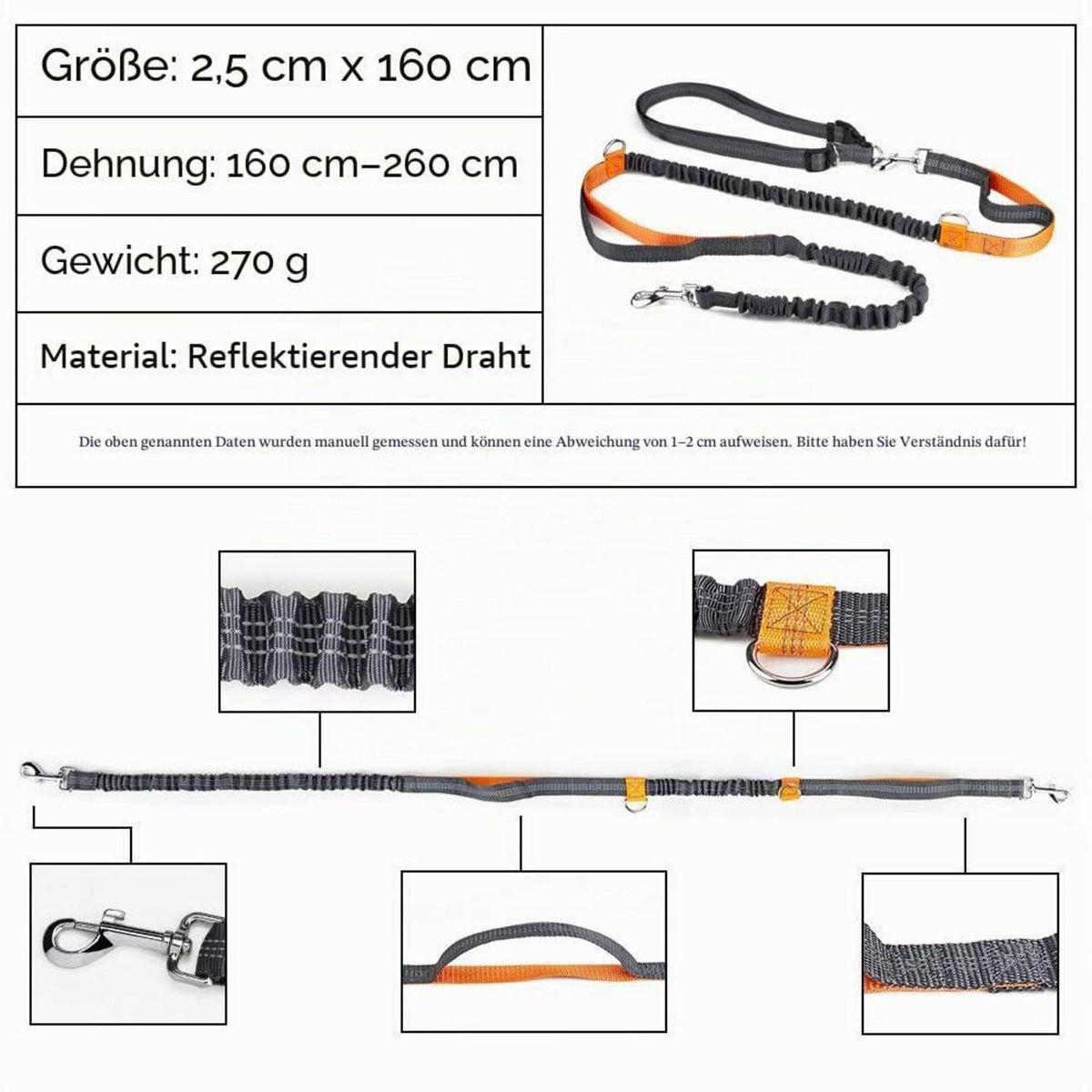 Freihändige Hundeleine mit Bungee & Reflektoren (Orange)