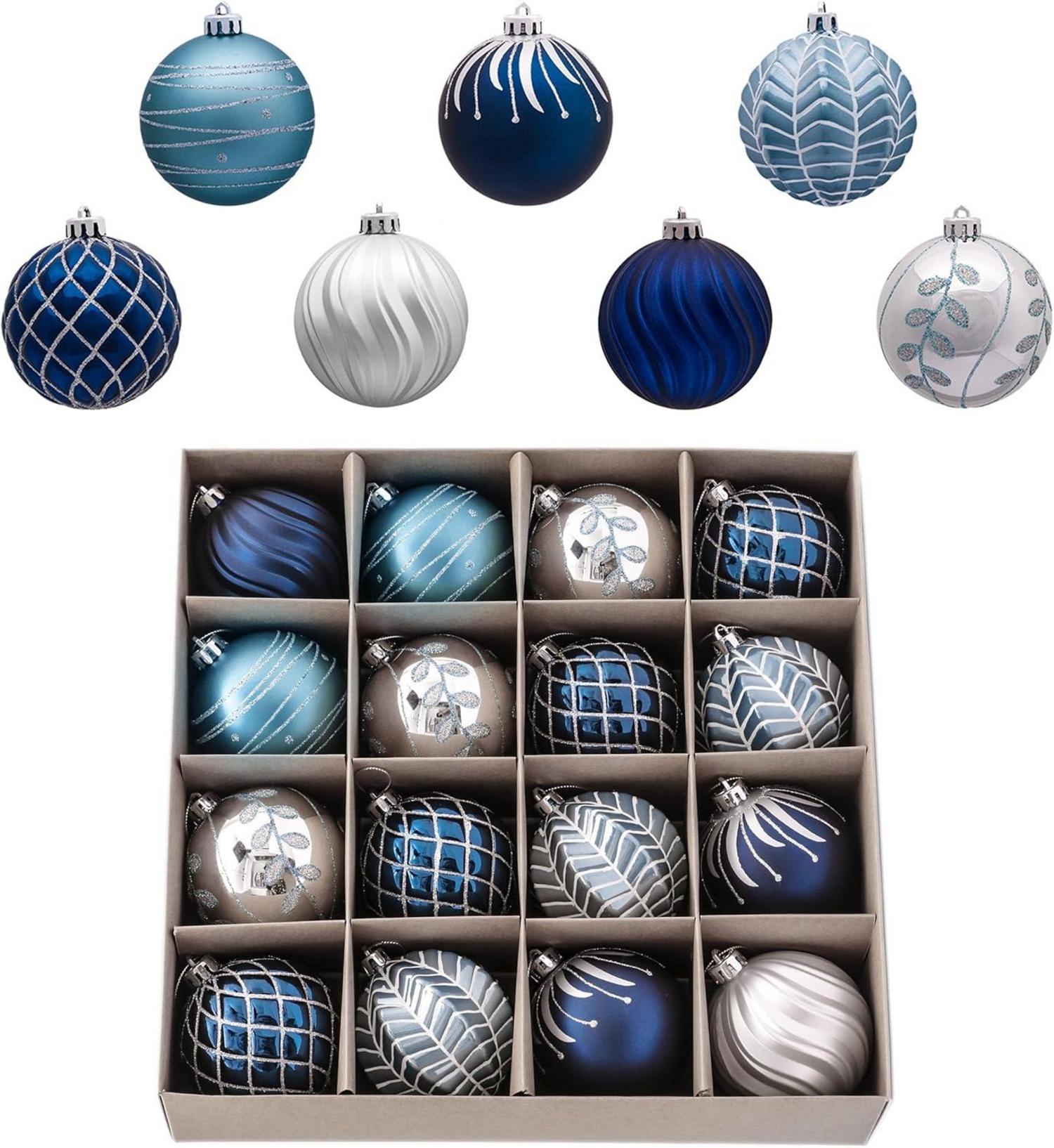 16er Set Weihnachtskugeln 8CM Kunststoff Christbaumkugeln Silber Blau