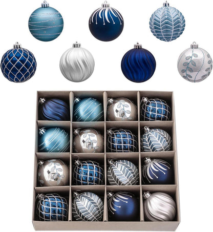 16er Set Weihnachtskugeln 8CM Kunststoff Christbaumkugeln Silber Blau