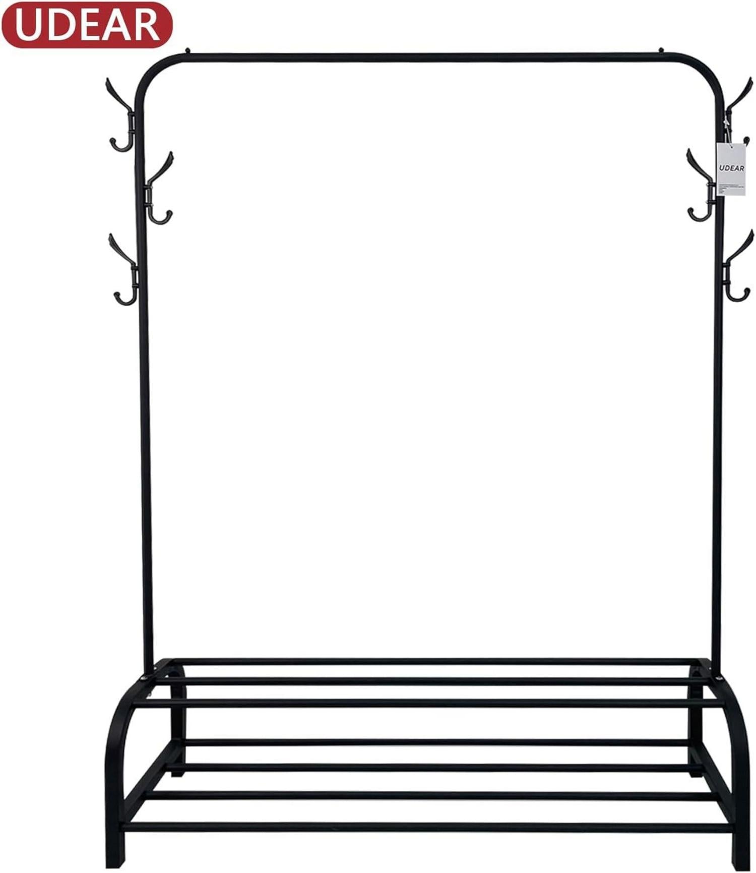 Kleiderständer mit Stange, Ablage, 6 Haken, Schwarz