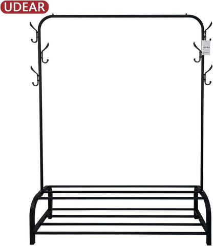 Kleiderständer mit Stange, Ablage, 6 Haken, Schwarz