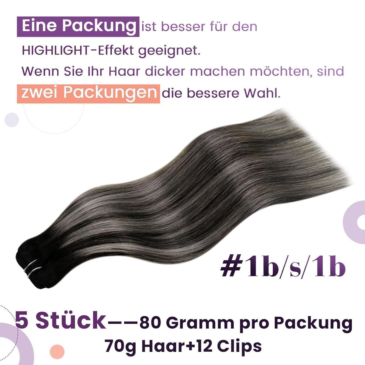 Clip-in Haarverlängerung Schwarz Ombre Silber Echthaar 40cm