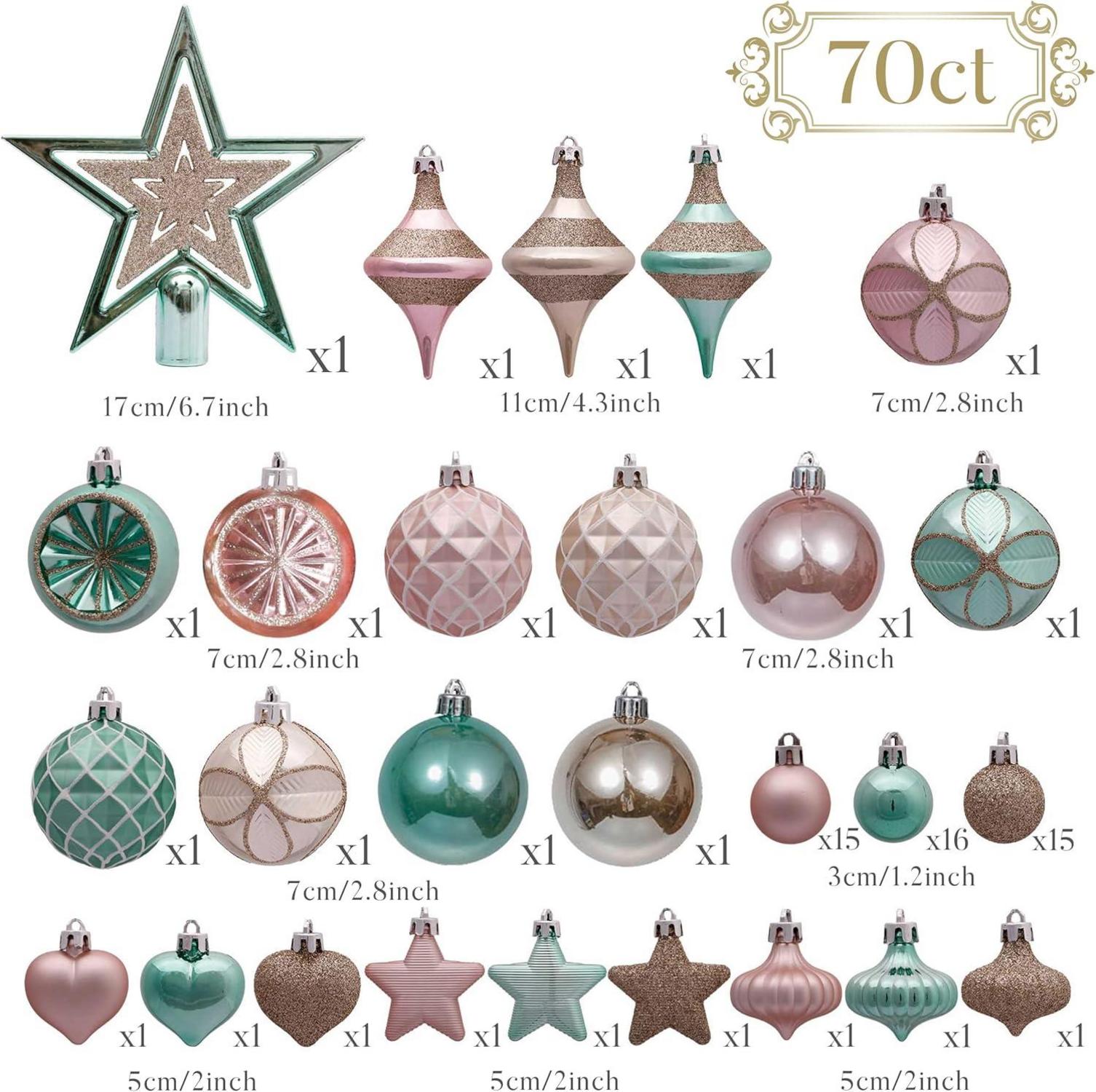 Weihnachtskugeln Set 70tlg Plastik Christbaumschmuck Mintgrün Rosa Gold