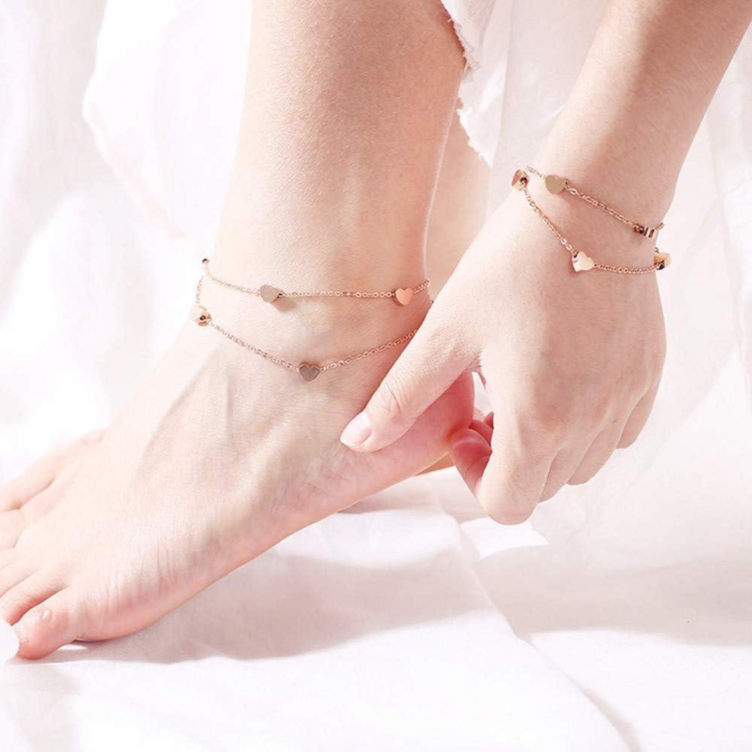 Rosegold Herz Fußkettchen Damen Titan Armband Layered
