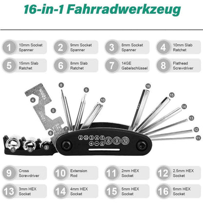 Fahrrad Multitool 16-in-1 Reparatur Werkzeug Set mit