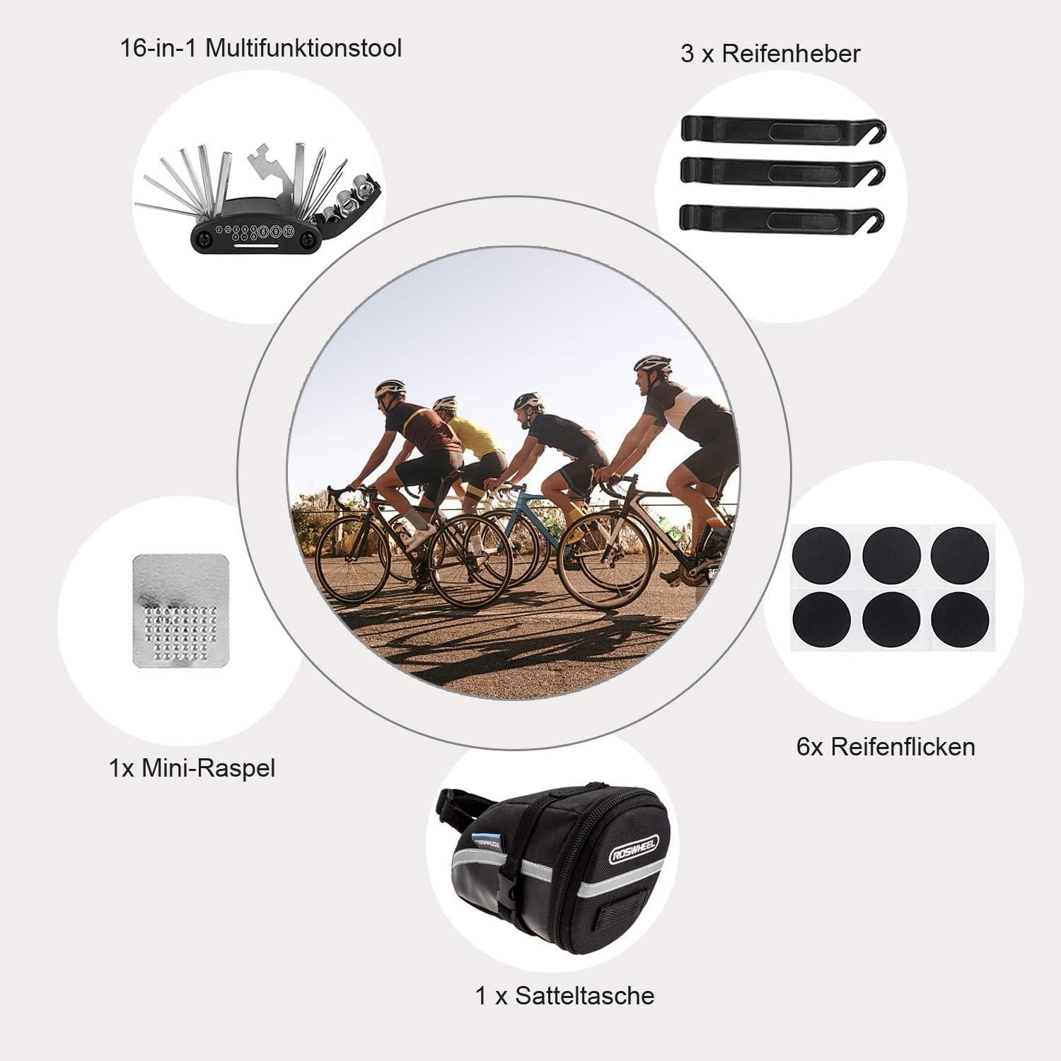 Fahrrad Multitool 16-in-1 Reparatur Werkzeug Set mit Satteltasche