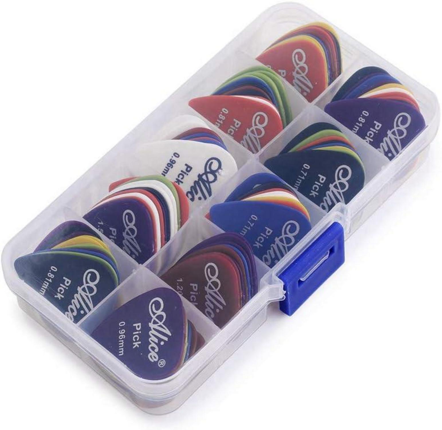 100 Stück Plektren Mix 0.58/0.71/0.81/0.96/1.20/1.50 Guitar Picks Box