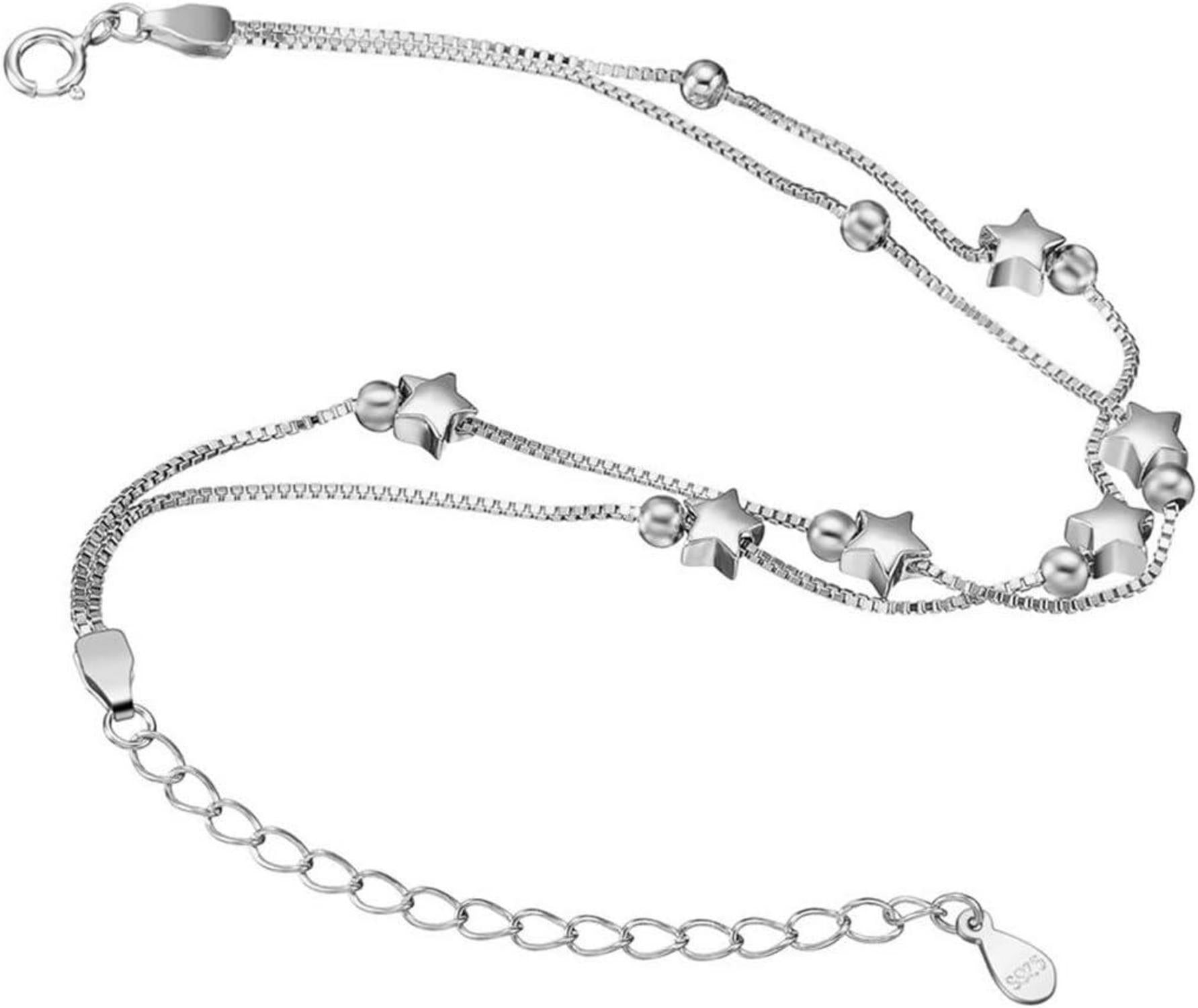 Damen Armband mit Perlen und Sternen 925 Sterling Silber Layered Armkette