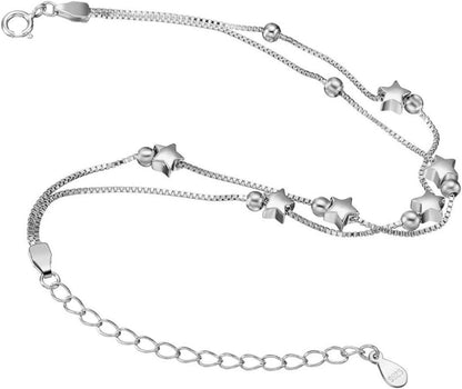 Damen Armband mit Perlen und Sternen 925 Sterling Silber Layered Armkette