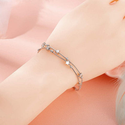 Damen Armband mit Perlen und Sternen 925 Sterling Silber Layered Armkette