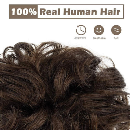 BARSDAR Haarteil Echthaar Haargummi 100% Echthaar Gelockt Unordentlicher Dutt Hochsteckfrisuren 4# Braun