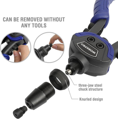WORKPRO 5-in-1 Nietzange Set 250mm mit 5 Mundstücken und 100 Nieten