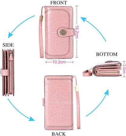 TEUEN Damen Geldbörse Leder Groß Lang RFID 24 Karten Pink