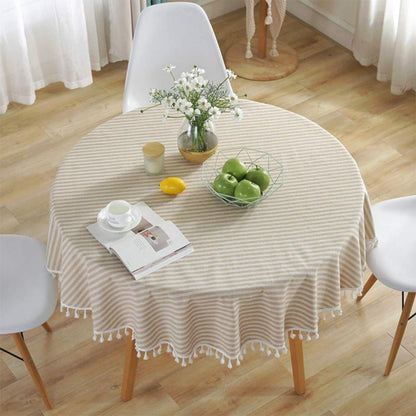 Runde Tischdecke gestreift mit Fransen – Aprikose/Weiß
