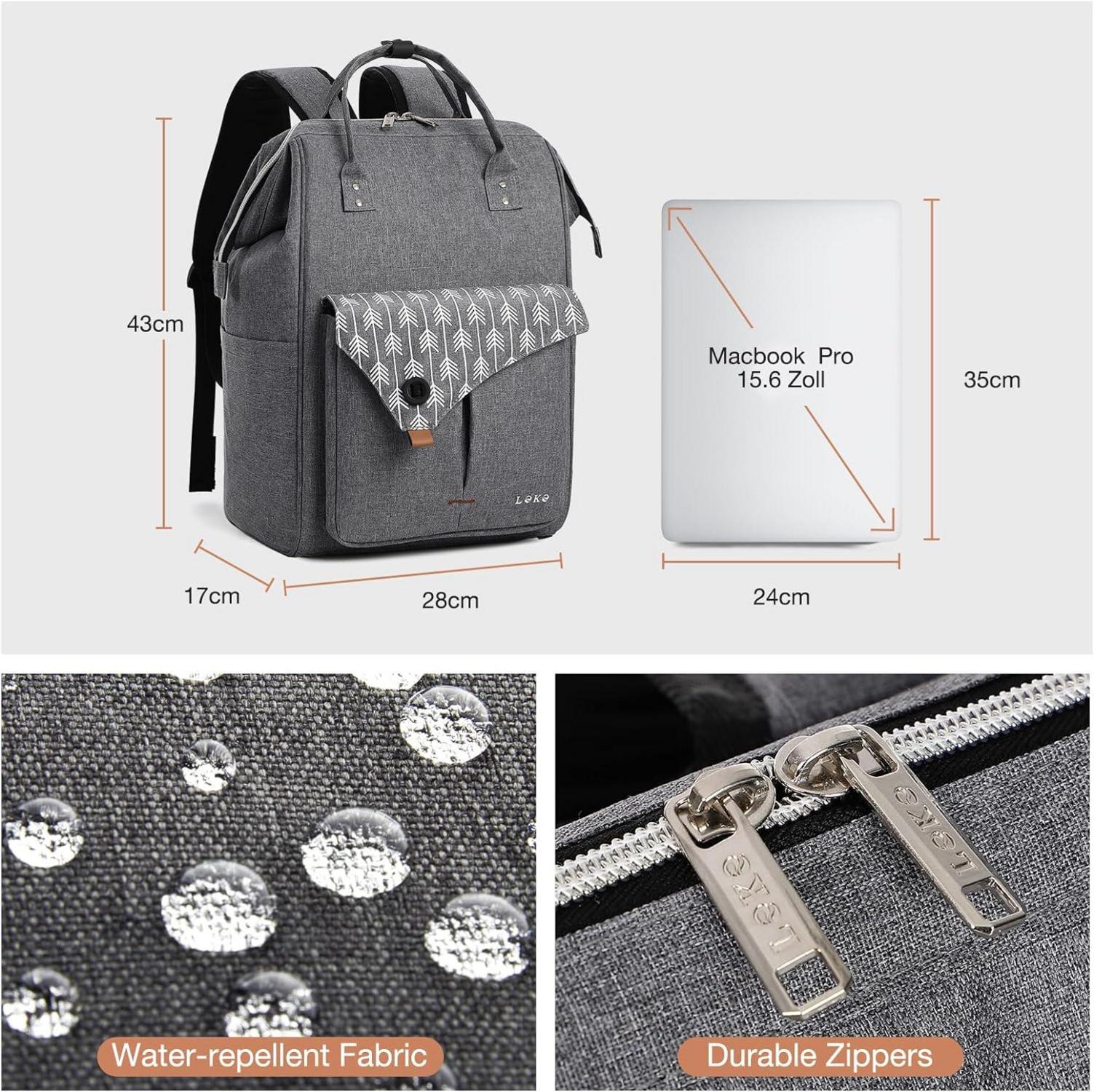 Lekesky Damen Rucksack mit Laptopfach und Anti-Diebstahl Tasche 15.6 Zoll Grau