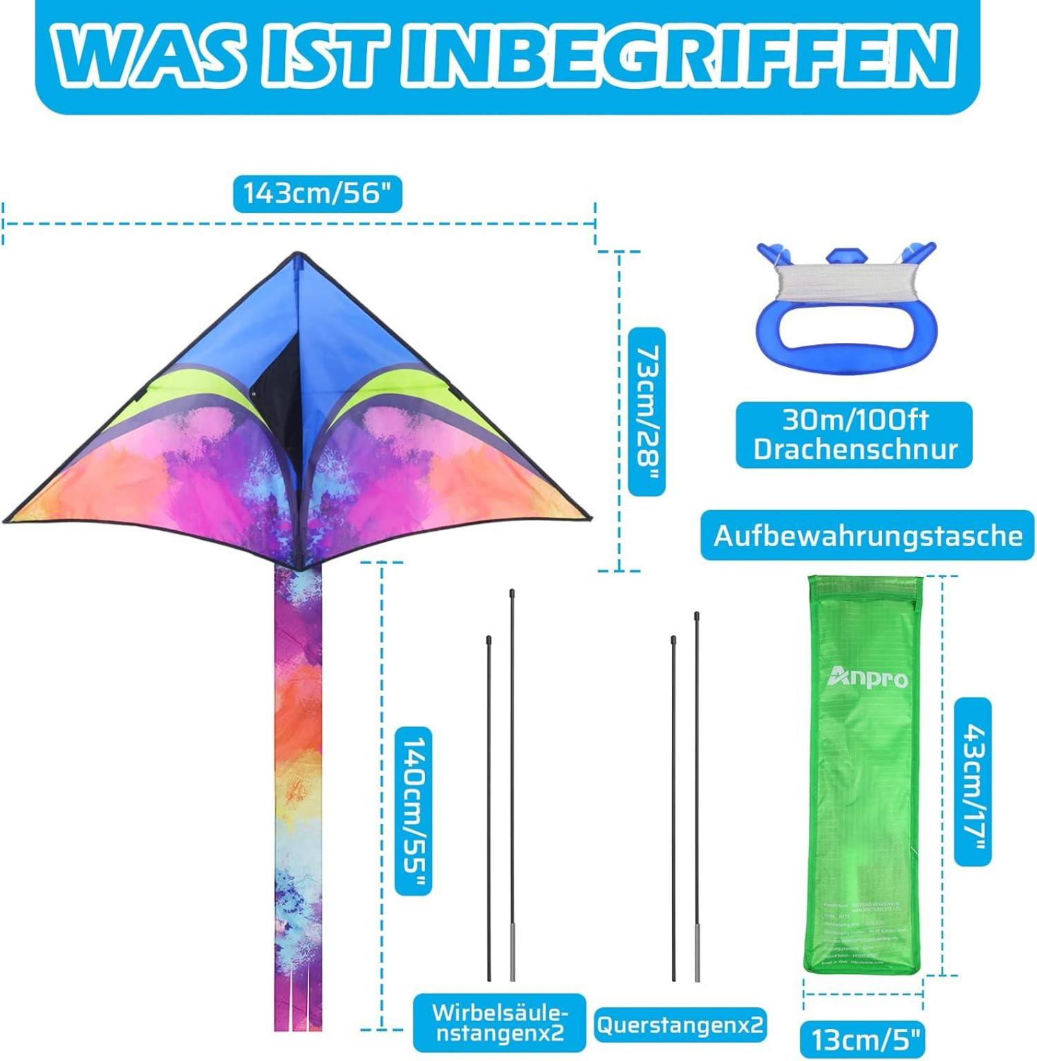 Drachen Einleiner für Kinder und Erwachsene mit langem Schwanz und