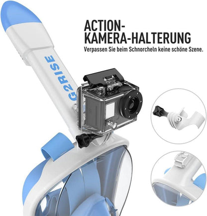 G2RISE® Faltbare Schnorchelmaske CO2-sicher mit Kameraposition S/M Weiß Blau