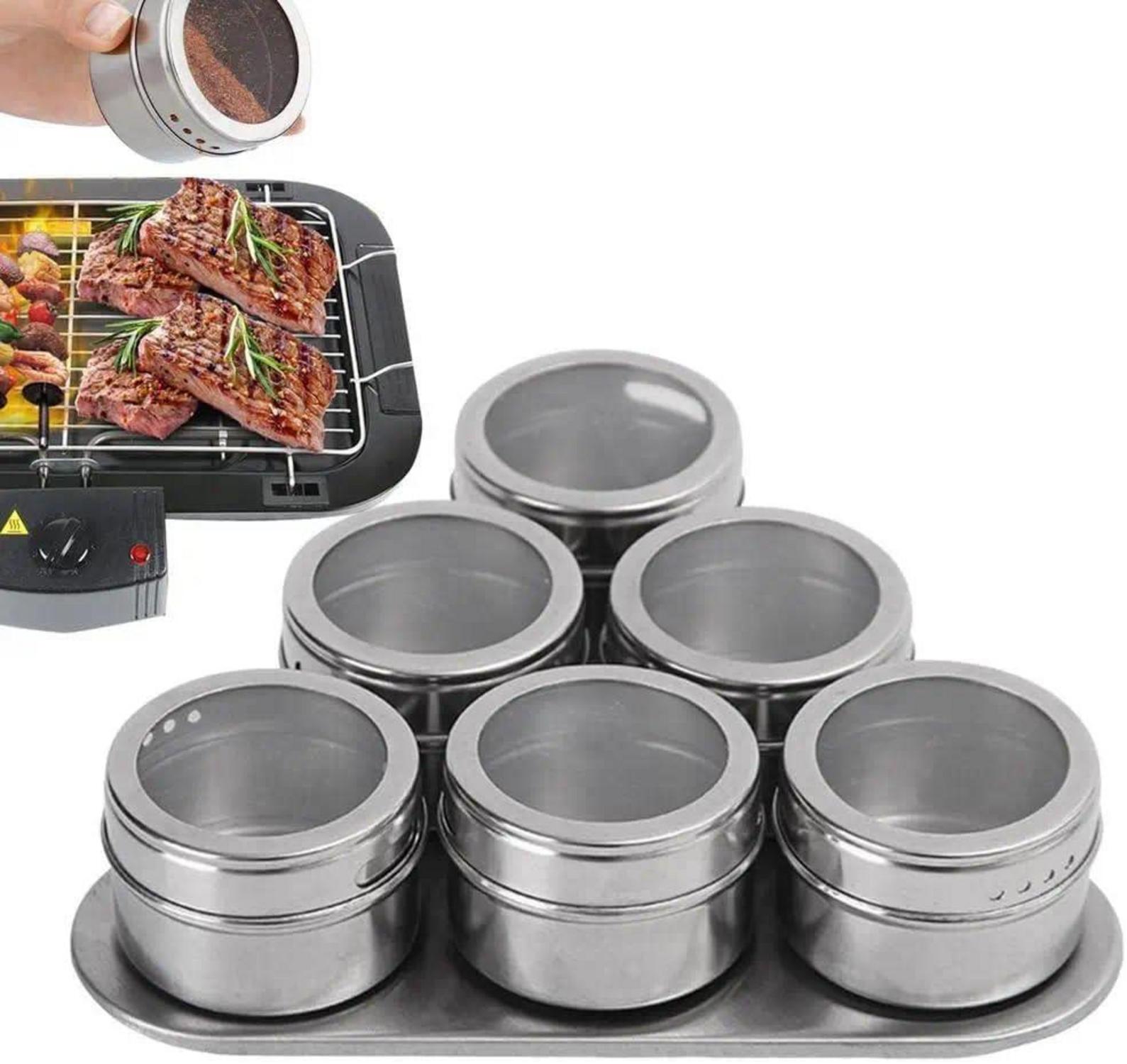 6er Gewürzregal Edelstahl Glas Magnetisch Aromadeckel Spice Box
