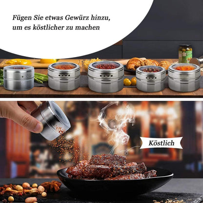 6er Gewürzregal Edelstahl Glas Magnetisch Aromadeckel Spice Box