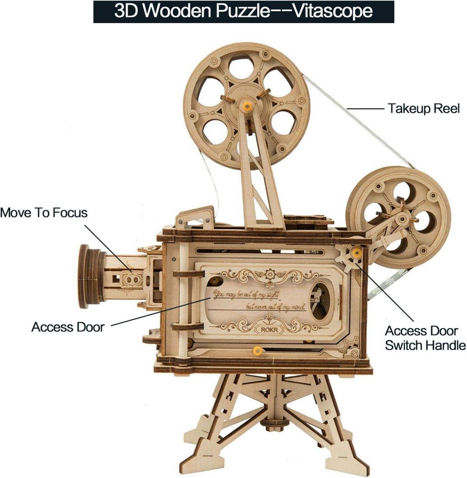 Holzpuzzle Vitascope Modellbausatz mit Hand-Generator und Filmprojektor