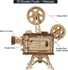 Holzpuzzle Vitascope Modellbausatz mit Hand-Generator und Filmprojektor