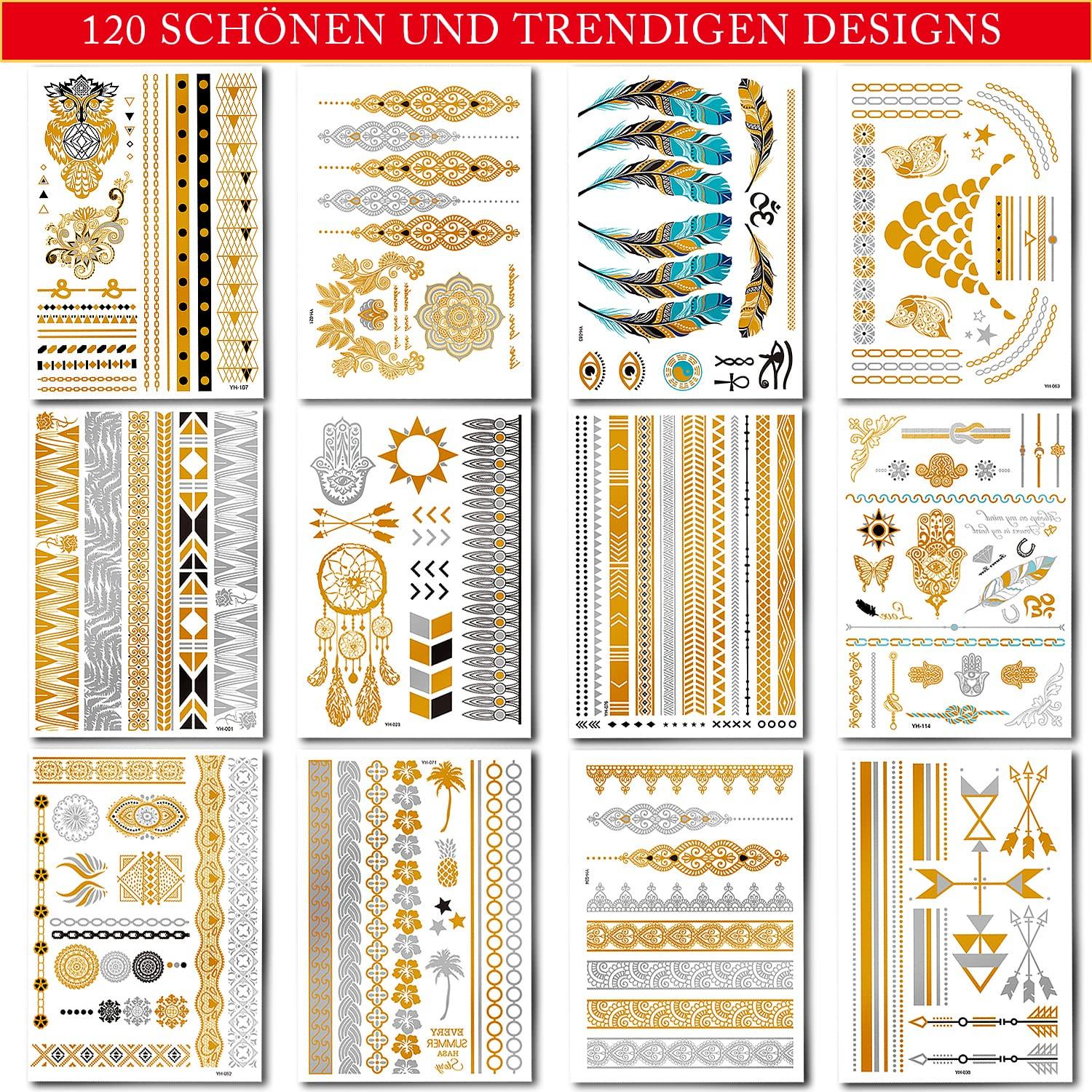 Temporäre Metallic Klebe-Tattoos in Gold, Silber, Schwarz