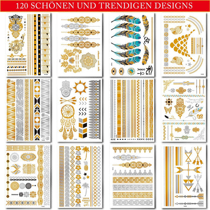Temporäre Metallic Klebe-Tattoos in Gold, Silber, Schwarz