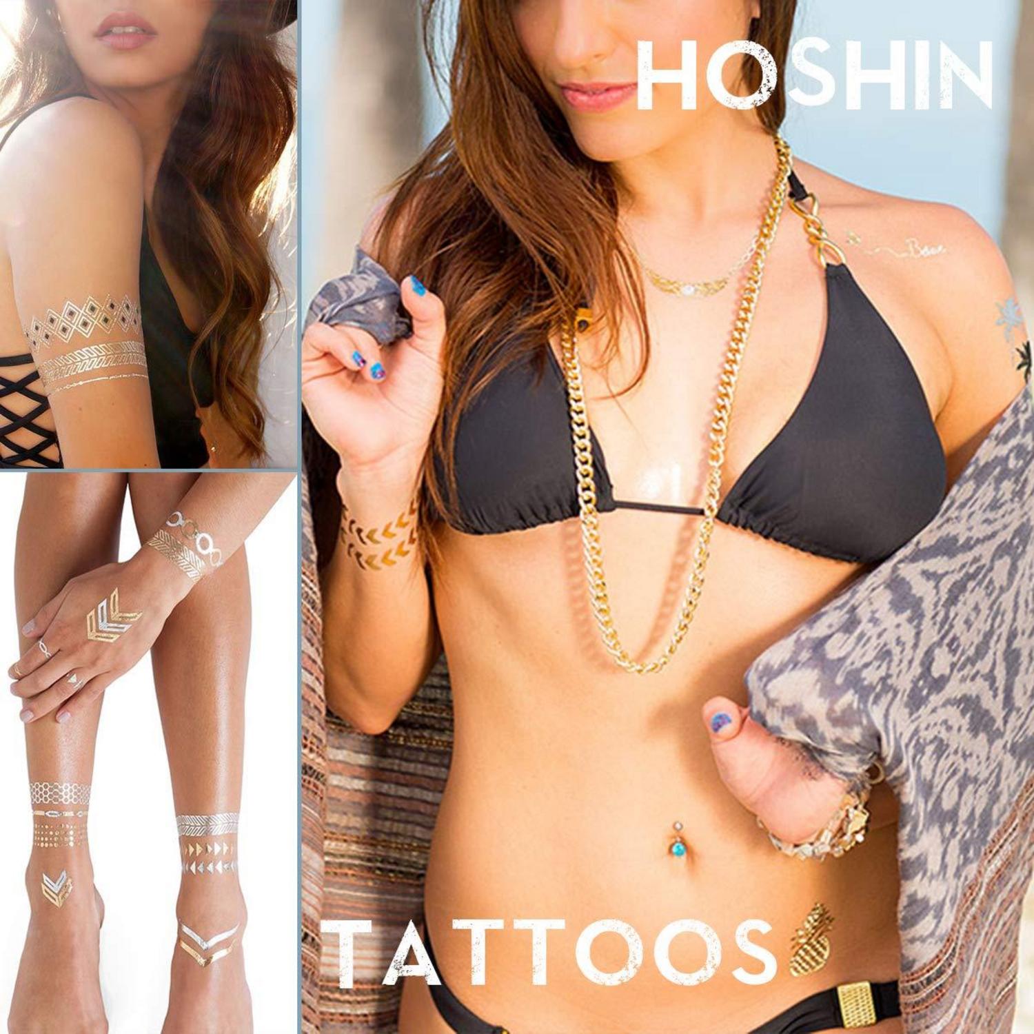 Festival Zubehör 12 Temporäre Metallic Tattoos Körpertattoos Türkis Schwarz Gold Silber