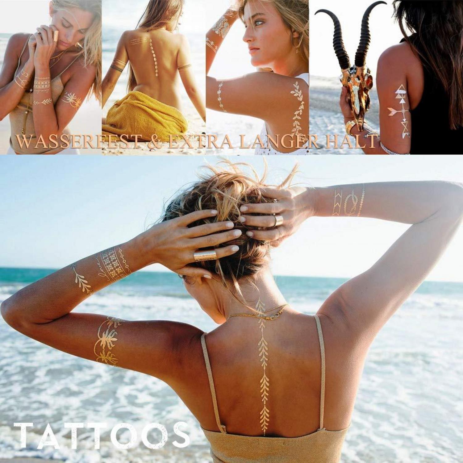 Temporäre Metallic Klebe-Tattoos Festival Zubehör Gold Silber Schwarz Türkis