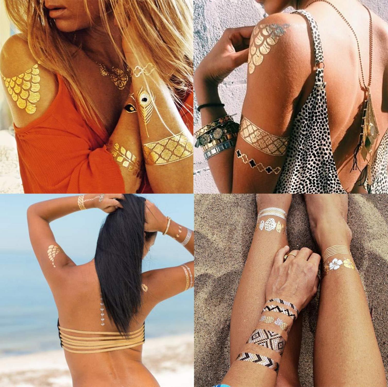 Temporäre Metallic Klebe-Tattoos in Gold, Silber, Schwarz & Türkis für