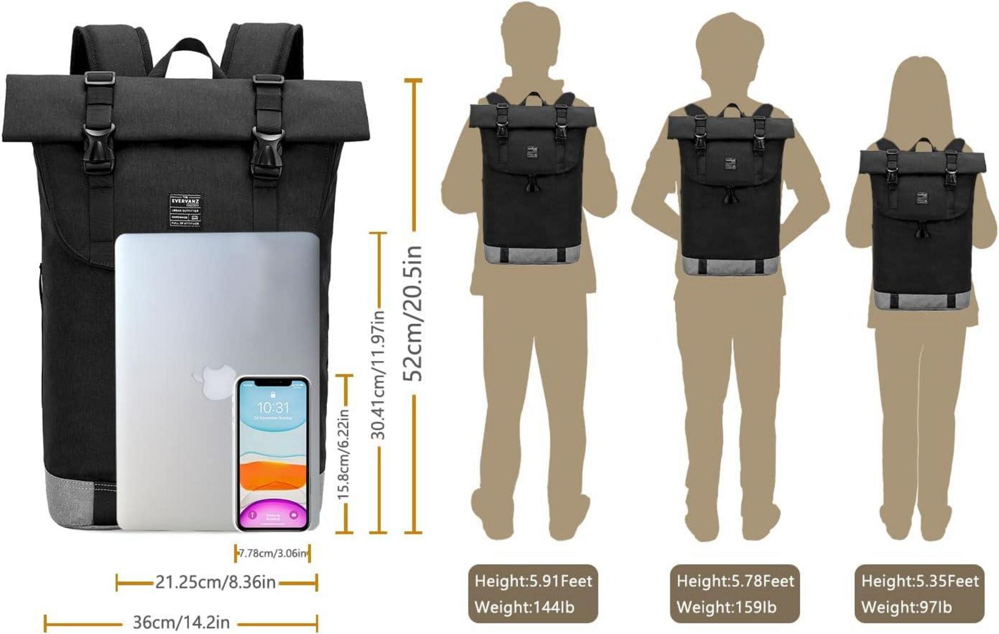 Laptop-Rucksack Roll Top Schwarz Wasserdichter Wanderrucksack 25L