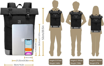 Laptop-Rucksack Roll Top Schwarz Wasserdichter Wanderrucksack 25L