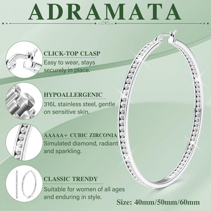 Creolen Edelstahl Damen 40/50/60mm mit Zirkonia, Silber/Gold/Roségold