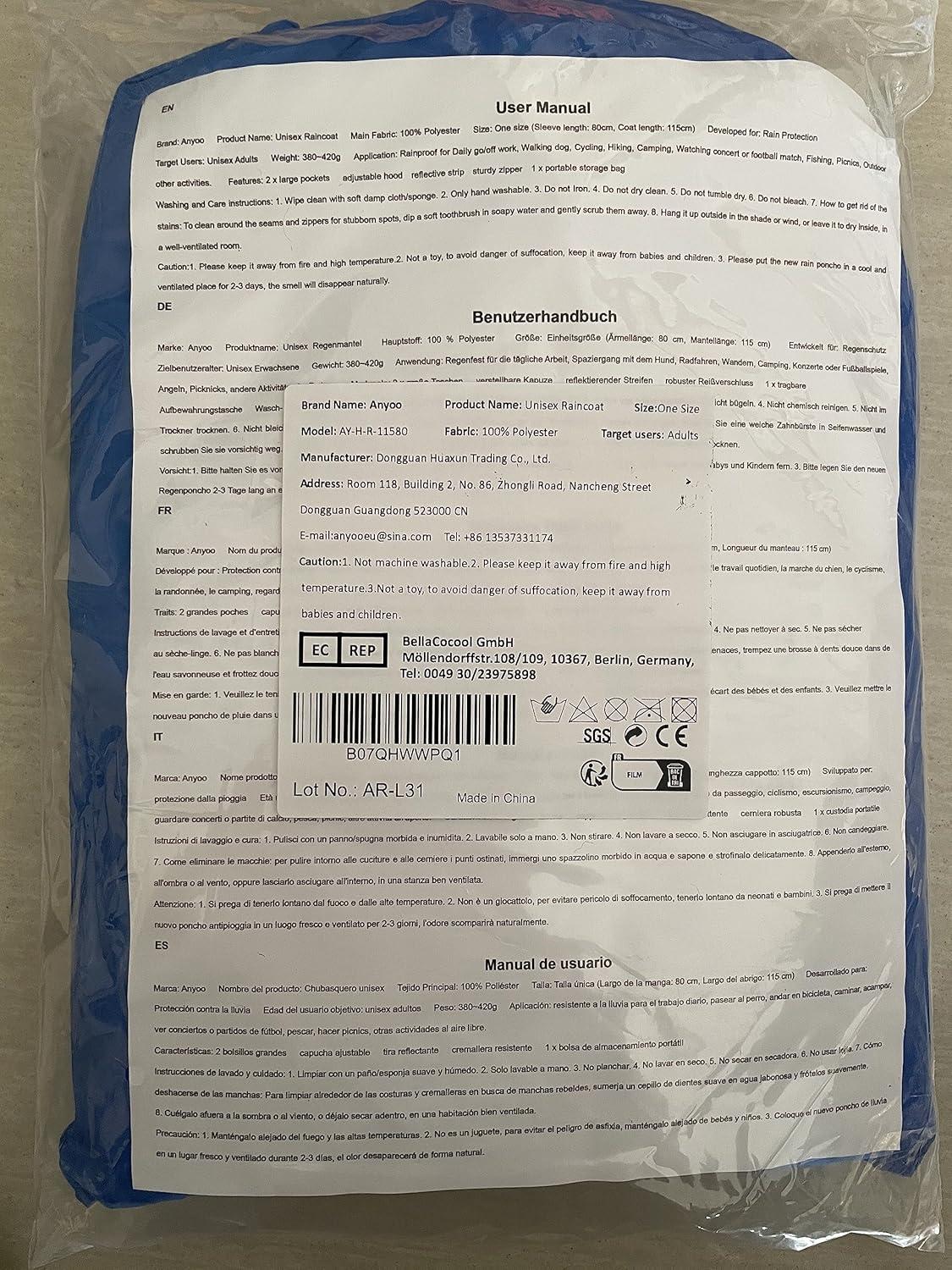 Anyoo Wasserdichter Regenmantel Poncho mit Kapuze für Outdoor-Aktivitäten