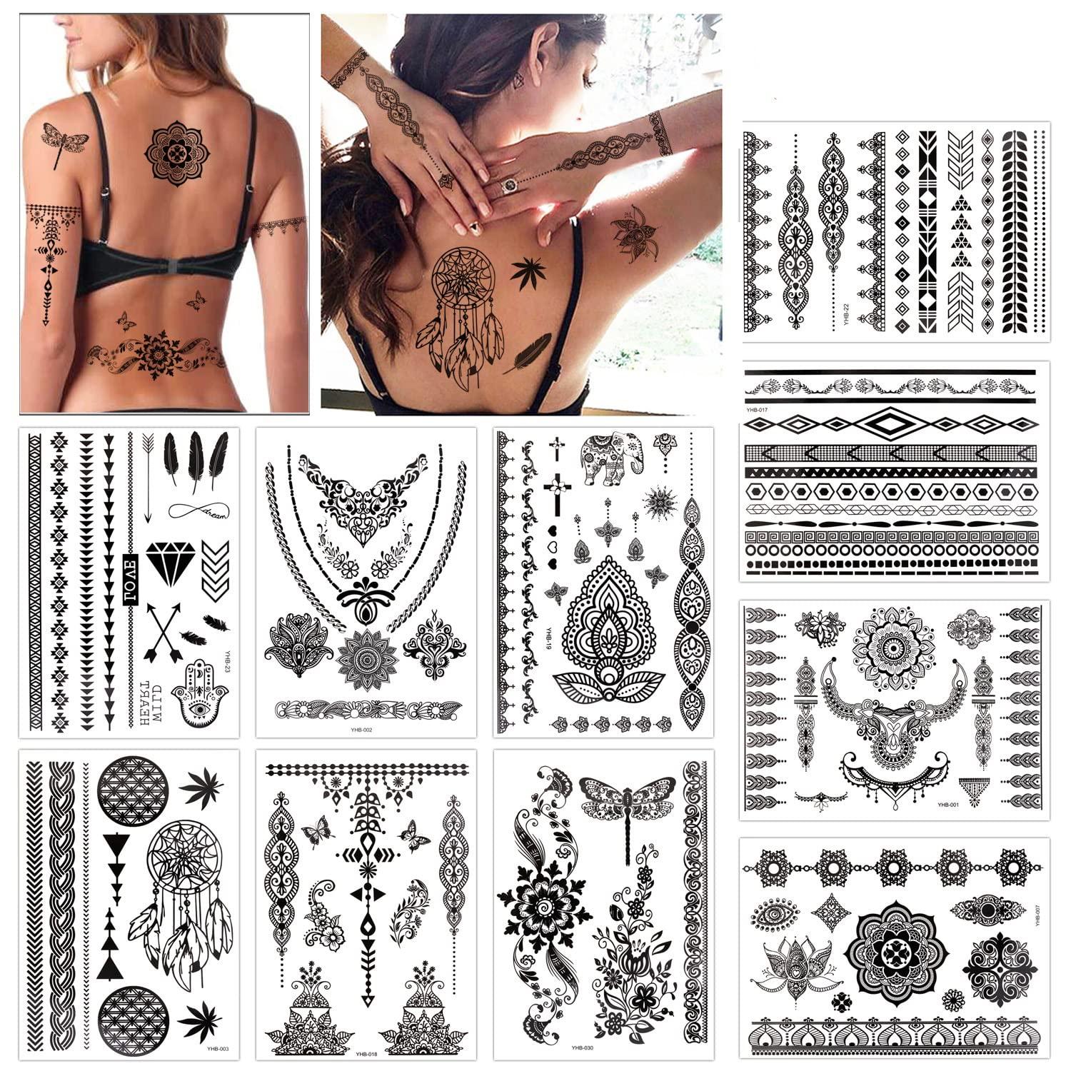 Temporäre Tattoo Aufkleber Schwarze Spitze Henna Mehndi 10 Blatt