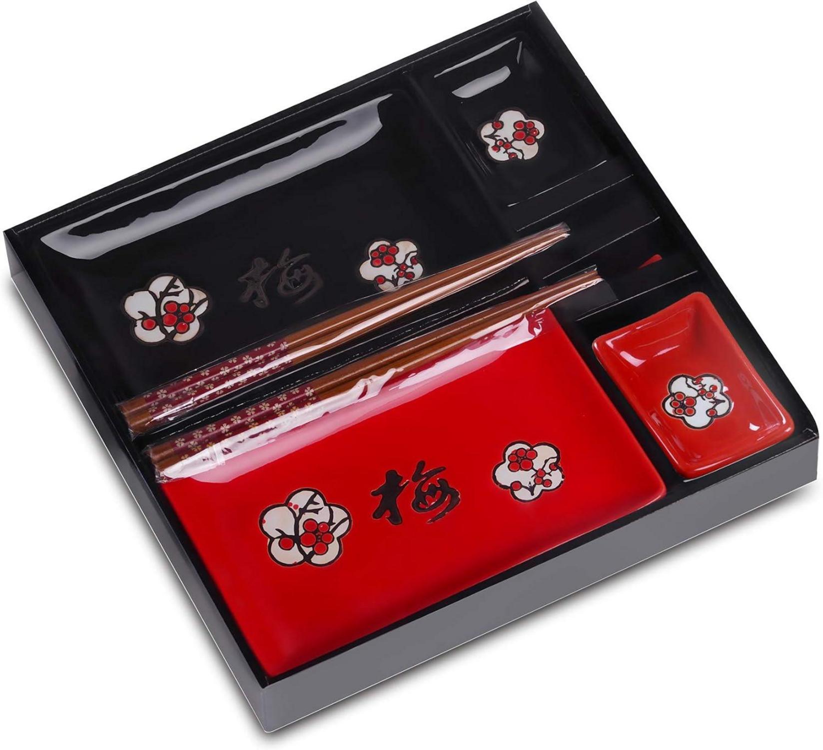 Japanisches Sushi Set - 8-teilig - Porzellan - Rot/Schwarz - Geschenkpaket