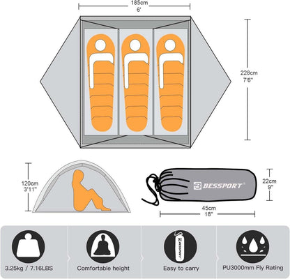 Bessport Campingzelt für 3 Personen wasserdicht und