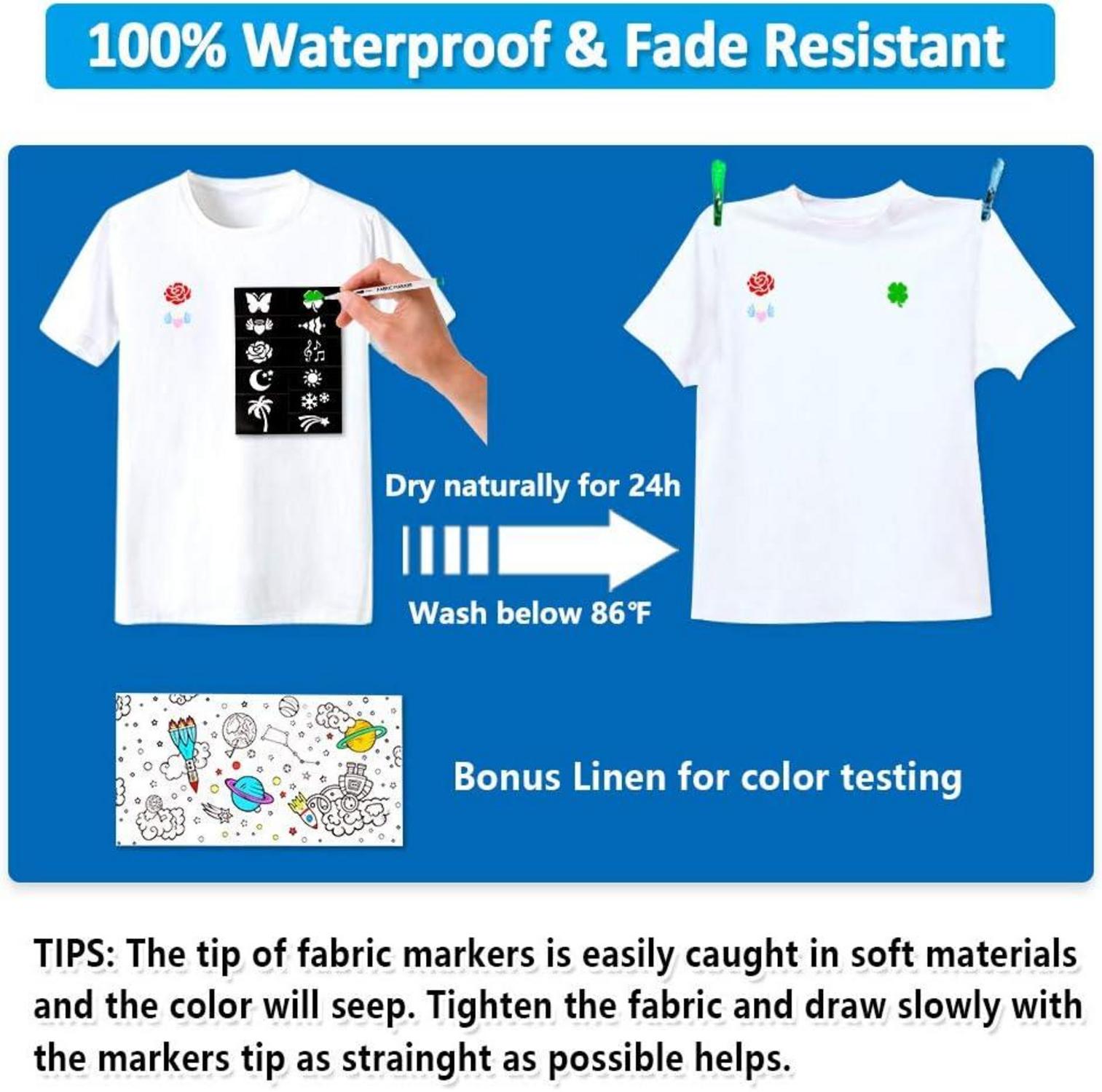 36 farbige Textilstifte, waschmaschinenfestes Set mit Vorlagen & Leinwand, Textilmarker für T-Shirts, Beutel, Kleidung