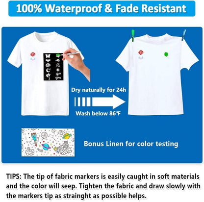 36 farbige Textilstifte, waschmaschinenfestes Set mit Vorlagen & Leinwand, Textilmarker für T-Shirts, Beutel, Kleidung