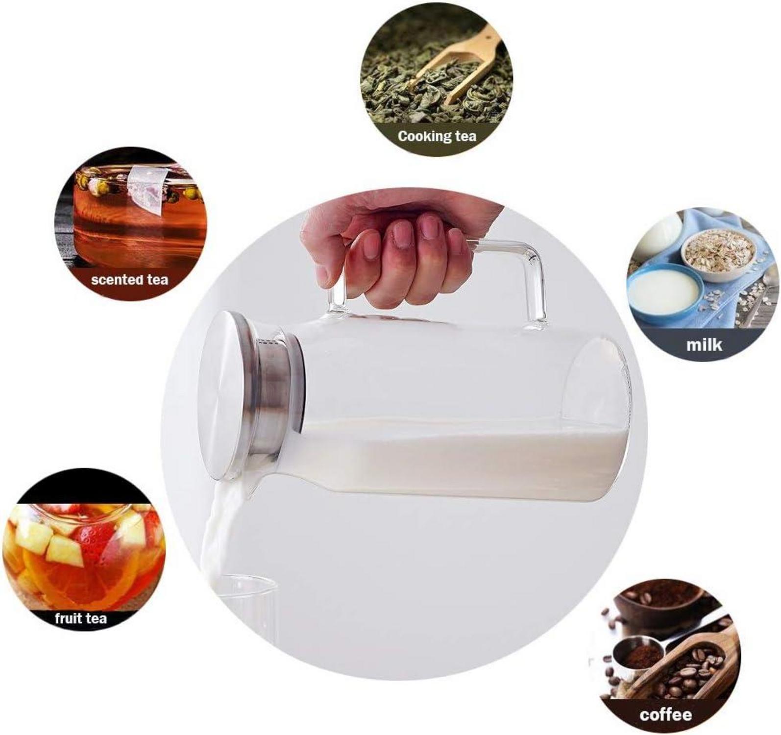 Glaskaraffe Borosilikatglas Edelstahl Deckel 1L Heißes Kaltes Wasser Saft