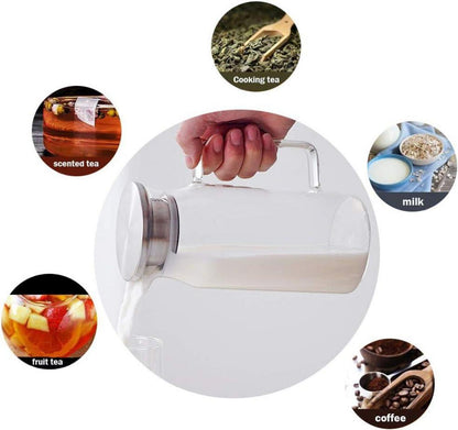 Glaskaraffe Borosilikatglas Edelstahl Deckel 1L Heißes Kaltes Wasser Saft