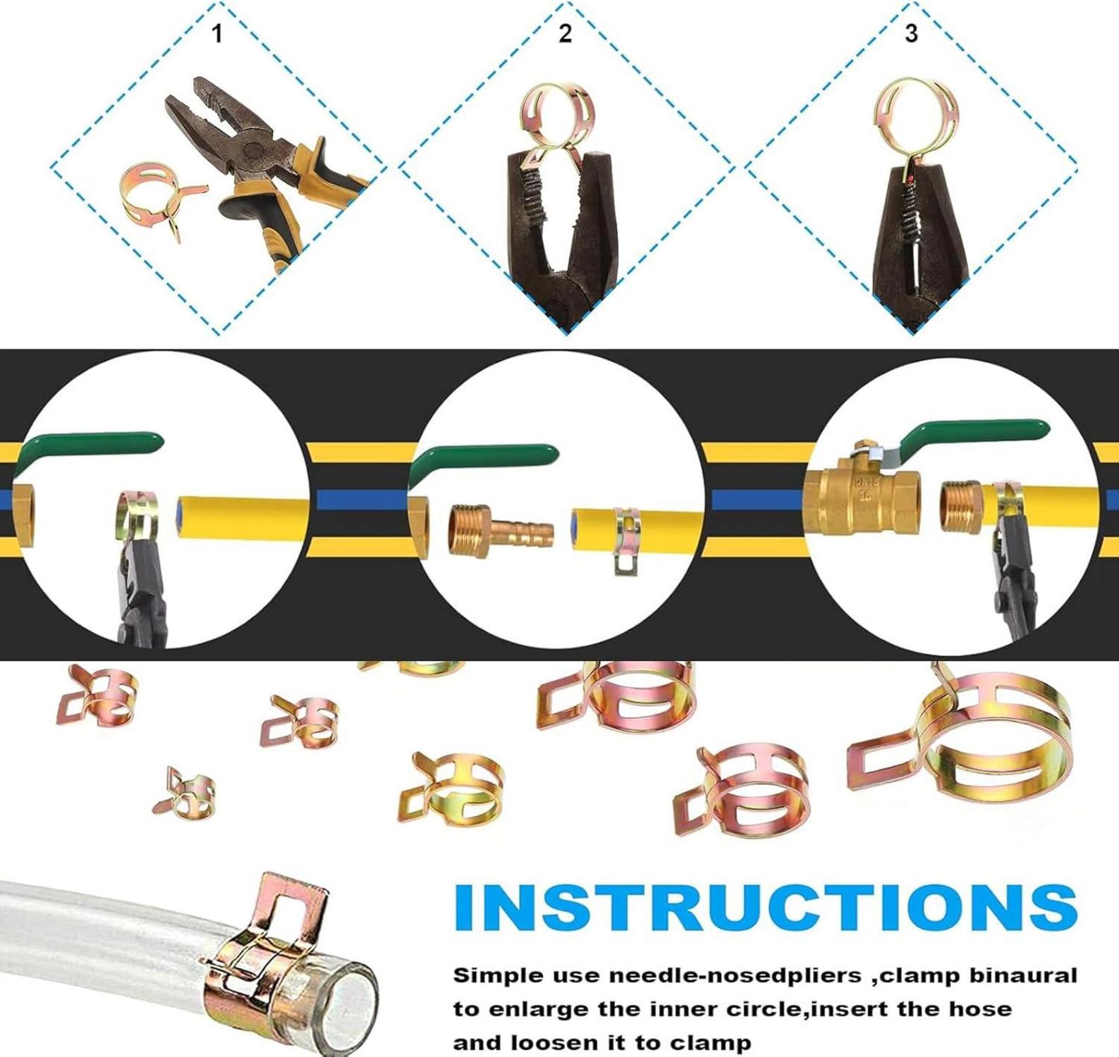 100-teiliges 6-20mm Schlauchschellen-Set, Federklemmen für Kraftstoffleitung, Wasserrohr, Luftschlauch