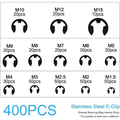 400-teiliges Sicherungsring E-Clip Set 1,5mm-15mm 13 Größen