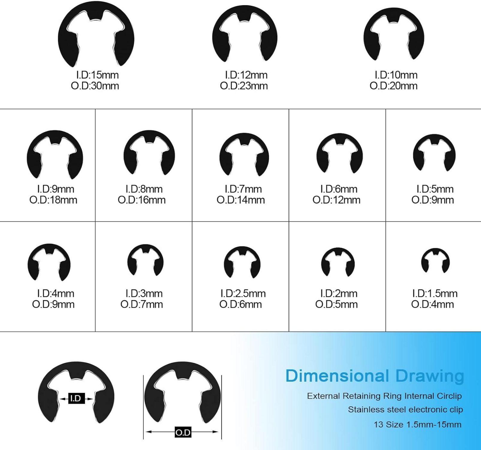 400x E-Clip Sicherungsringe 1,5mm-15mm Set 13 Größen DIN6799