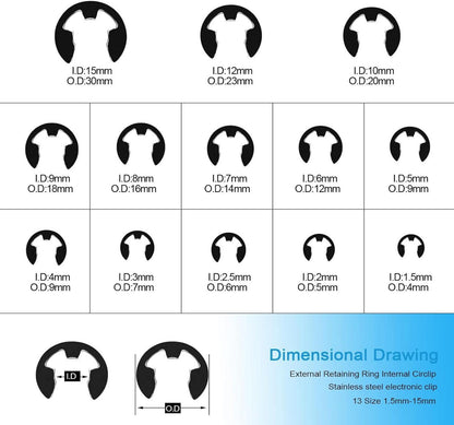 400x E-Clip Sicherungsringe 1,5mm-15mm Set 13 Größen DIN6799